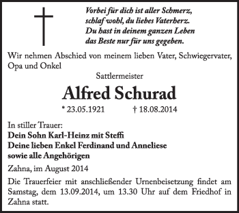 Traueranzeige von Alfred Schurad von Super Sonntag Wittenberg