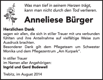 Traueranzeige von Anneliese Bürger von WVG - Wochenspiegel Wittenberg