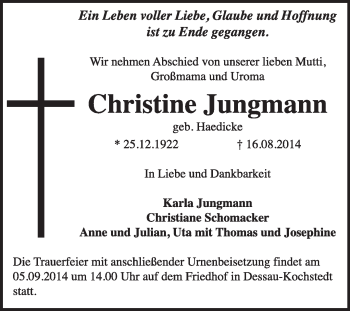 Traueranzeige von Christine Jungmann von Super Sonntag Dessau / Köthen