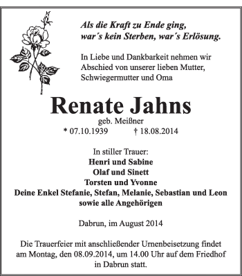 Traueranzeige von Renate Jahns von WVG - Wochenspiegel Wittenberg