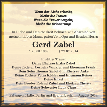 Traueranzeige von Gerd Zabel von Super Sonntag Zeitz