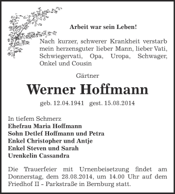 Traueranzeige von Werner Hoffmann von Super Sonntag Bernburg