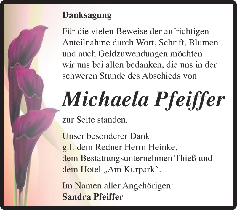  Traueranzeige für Michaela Pfeiffer vom 24.08.2014 aus Super Sonntag Quedlinburg