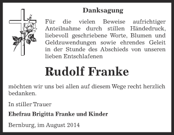 Traueranzeige von Rudolf Franke von Super Sonntag Bernburg