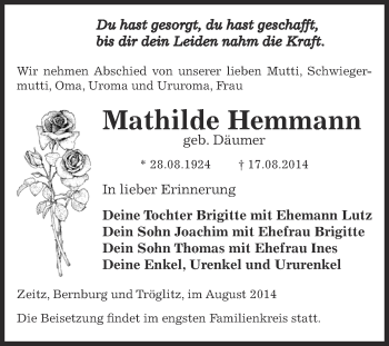 Traueranzeige von Mathilde Hemmann von Super Sonntag Zeitz