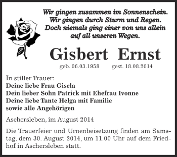 Traueranzeige von Gisbert Ernst von Super Sonntag Aschersleben