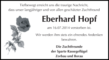 Traueranzeige von Eberhard Hopf von WVG - Wochenspiegel NMB / WSF / ZTZ