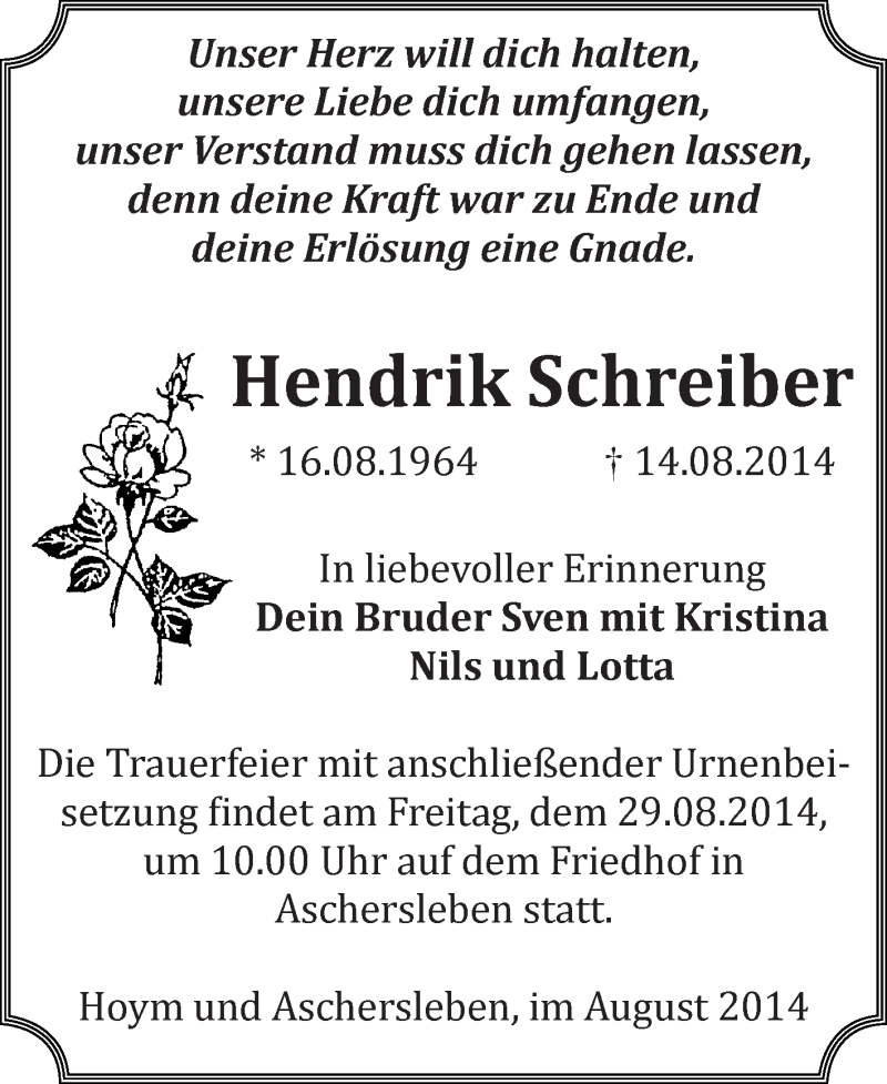  Traueranzeige für Hendrik Schreiber vom 24.08.2014 aus WVG - Wochenspiegel Quedlinburg
