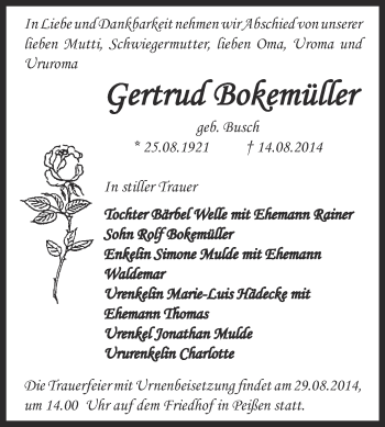 Traueranzeige von Gertrud Bokemüller von Super Sonntag Bernburg