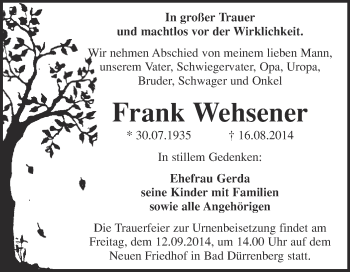 Traueranzeige von Frank Wehsener von Super Sonntag Merseburg