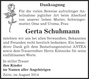 Traueranzeige von Gerta Schuhmann von Super Sonntag Zeitz