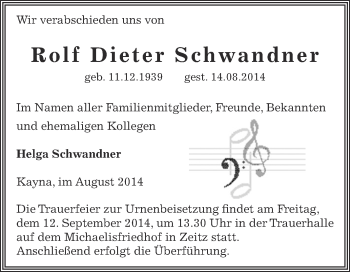 Traueranzeige von Rolf Dieter Schwandner von Super Sonntag Zeitz