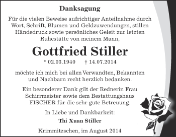 Traueranzeige von Gottfried Stiller von Super Sonntag Zeitz