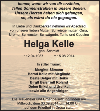 Traueranzeige von Helga Kelle von Super Sonntag Dessau / Köthen