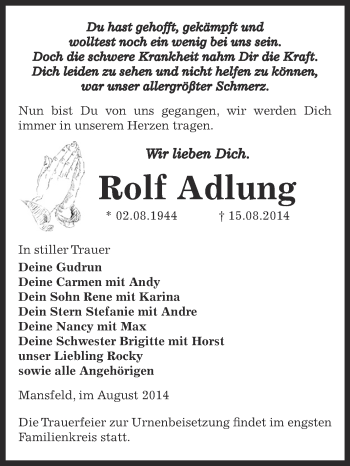 Traueranzeige von Rolf Adlung von Wochenspiegel Mansfelder Land