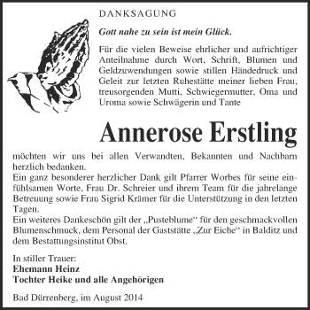 Traueranzeige von Annerose Erstling von Super Sonntag Merseburg