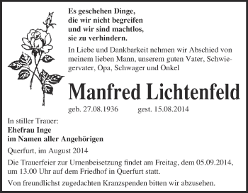 Traueranzeige von Manfred Lichtenfeld von WVG - Wochenspiegel Merseburg