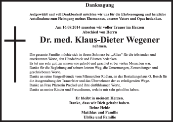 Traueranzeige von Klaus-Dieter Wegener von Super Sonntag Dessau / Köthen