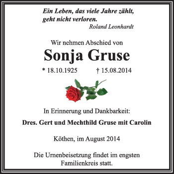 Traueranzeige von Sonja Gruse von Super Sonntag Dessau / Köthen