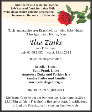 Traueranzeige von Ilse Zinke von Super Sonntag Zeitz