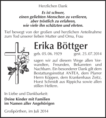 Traueranzeige von Erika Böttger von WVG - Wochenspiegel NMB / WSF / ZTZ