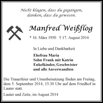 Traueranzeige von Manfred Weißflog von Super Sonntag Zeitz