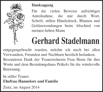 Traueranzeige von Gerhard Stadelmann von WVG - Wochenspiegel NMB / WSF / ZTZ