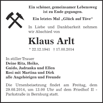 Traueranzeige von Klaus Arlt von Super Sonntag Bernburg