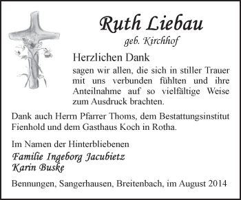 Traueranzeige von Ruth Liebau von Super Sonntag SGH Mansf. Land