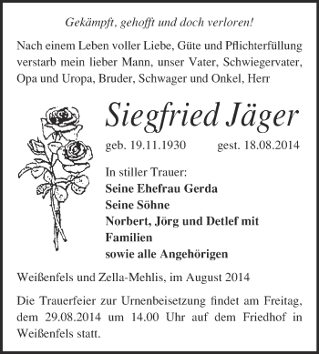 Traueranzeige von Siegfried Jäger von WVG - Wochenspiegel NMB / WSF / ZTZ