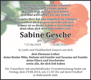 Traueranzeige von Sabine Gesche von WVG - Wochenspiegel Quedlinburg