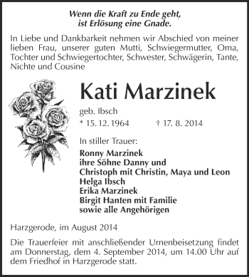 Traueranzeige von Kati Marzinek von WVG - Wochenspiegel Quedlinburg