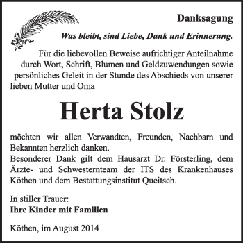 Traueranzeige von Herta Stolz von Super Sonntag Dessau / Köthen