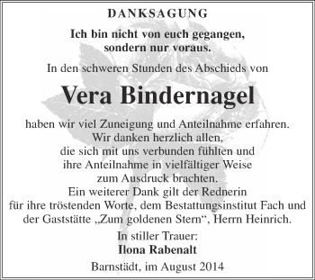 Traueranzeige von Vera Bindernagel von WVG - Wochenspiegel Merseburg