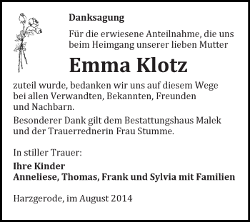 Traueranzeige von Emma Klotz von WVG - Wochenspiegel Quedlinburg
