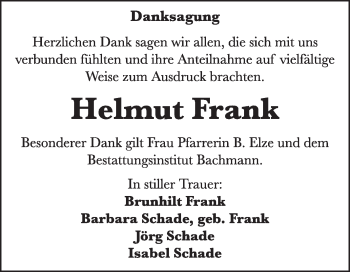 Traueranzeige von Helmut Frank von Super Sonntag Dessau / Köthen