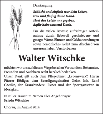 Traueranzeige von Walter Witschke von Super Sonntag Dessau / Köthen