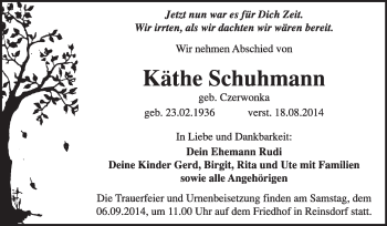 Traueranzeige von Käthe Schuhmann von Super Sonntag Dessau / Köthen