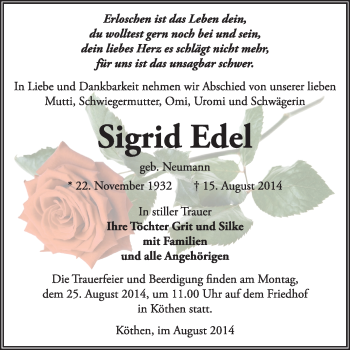 Traueranzeige von Sigrid Edel von Super Sonntag Dessau / Köthen