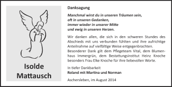 Traueranzeige von Isolde Mattausch von Super Sonntag Aschersleben