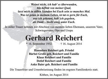 Traueranzeige von Gerhard Reichert von Super Sonntag Dessau / Köthen