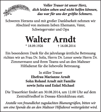 Traueranzeige von Walter Arndt von Super Sonntag Dessau / Köthen