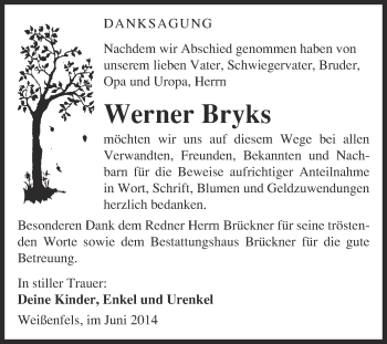 Traueranzeige von Werner Bryks von WVG - Wochenspiegel NMB / WSF / ZTZ