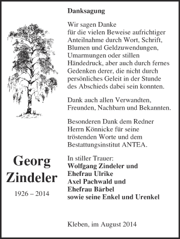 Traueranzeige von Georg Zindeler von WVG - Wochenspiegel NMB / WSF / ZTZ