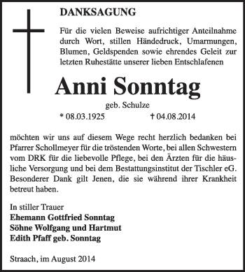 Traueranzeige von Anni Sonntag von Super Sonntag Wittenberg