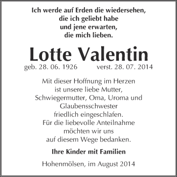 Traueranzeige von Lotte Valentin von WVG - Wochenspiegel NMB / WSF / ZTZ