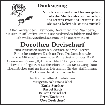 Traueranzeige von Dorothea Dreischarf von Super Sonntag SGH Mansf. Land