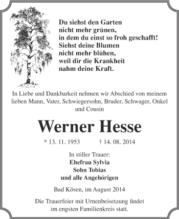 Traueranzeige von Werner Hesse von WVG - Wochenspiegel NMB / WSF / ZTZ