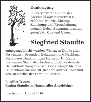 Traueranzeige von Siegfried Staudte von Super Sonntag SGH Mansf. Land