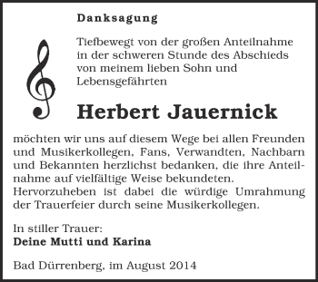 Traueranzeige von Herbert Jauernick von Super Sonntag Merseburg